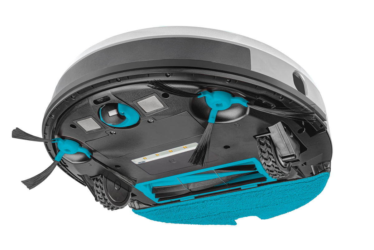 Robot odkurzający, widok od spodu. Niebieskie szczotki i nakładka czyszcząca, czarny i szary korpus.