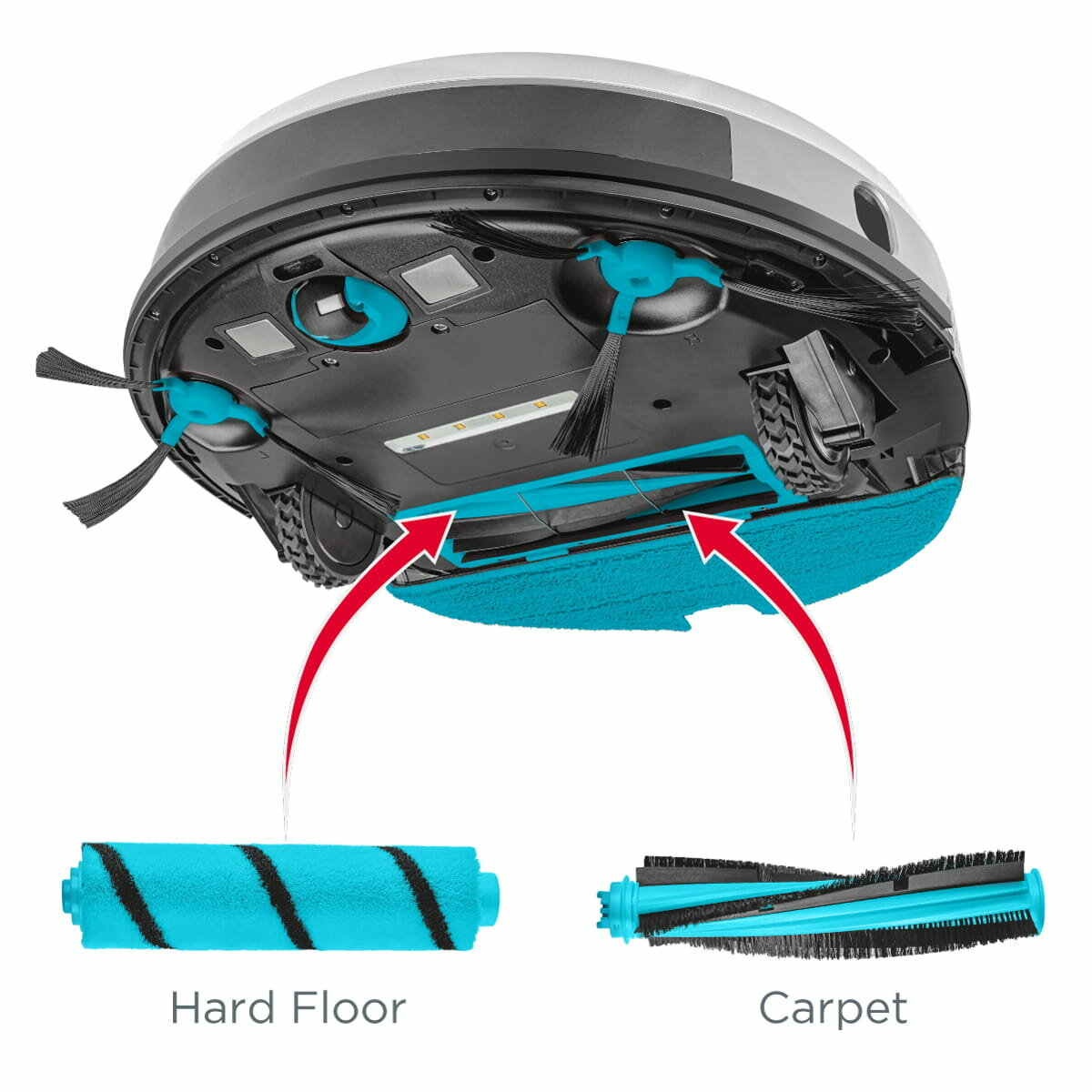 Odkurzacz robot z dwoma rodzajami szczotek: do twardych podłóg i dywanów.