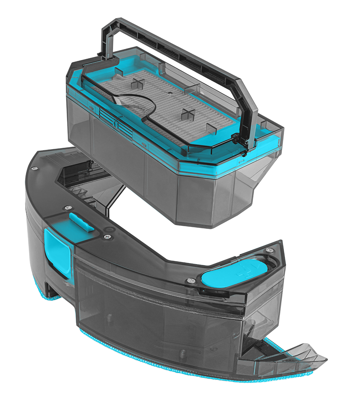 Przezroczyste, szare i turkusowe części odkurzacza.