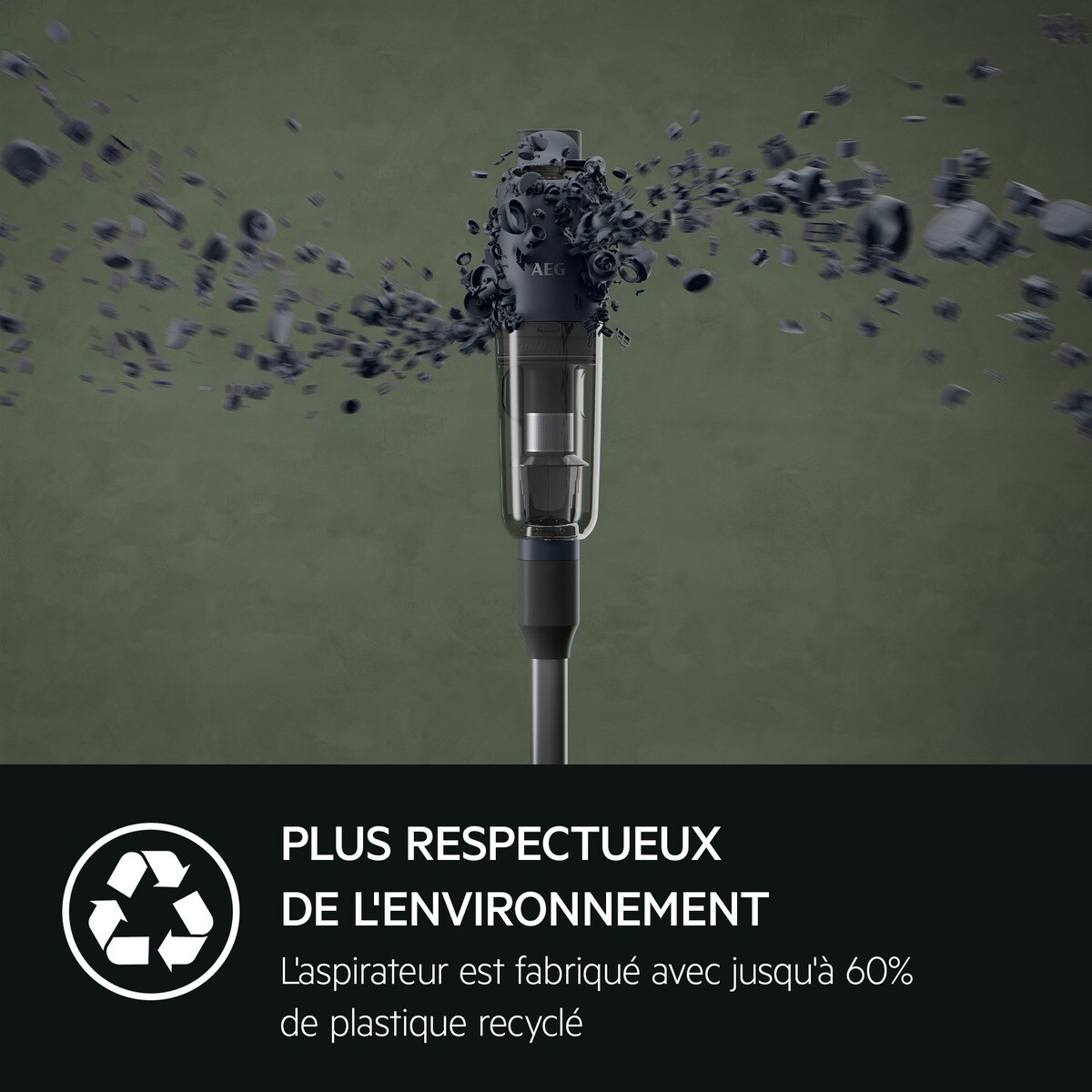 Un aspirateur noir, avec des débris épars, et le texte : "Jusqu'à 60% de plastique recyclé."
