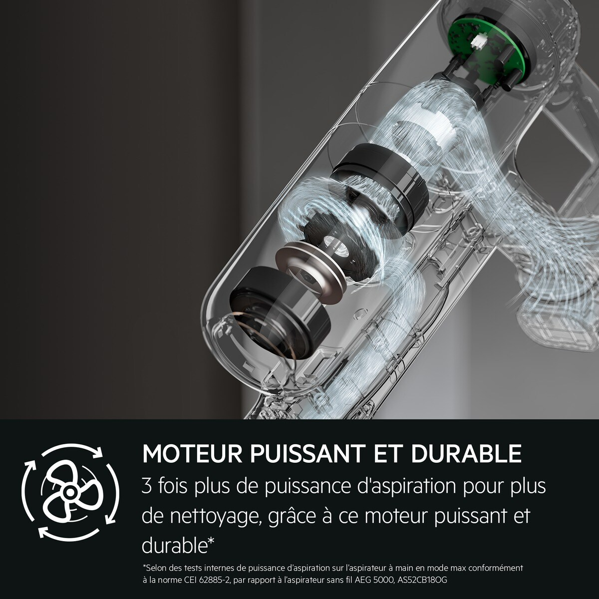 Vue transparente d'un moteur d'aspirateur, avec du texte sur sa puissance.