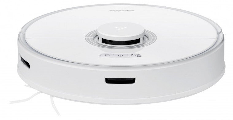 Biały, okrągły odkurzacz robot z centralnym przyciskiem i czujnikami bocznymi. Biała podłoga.