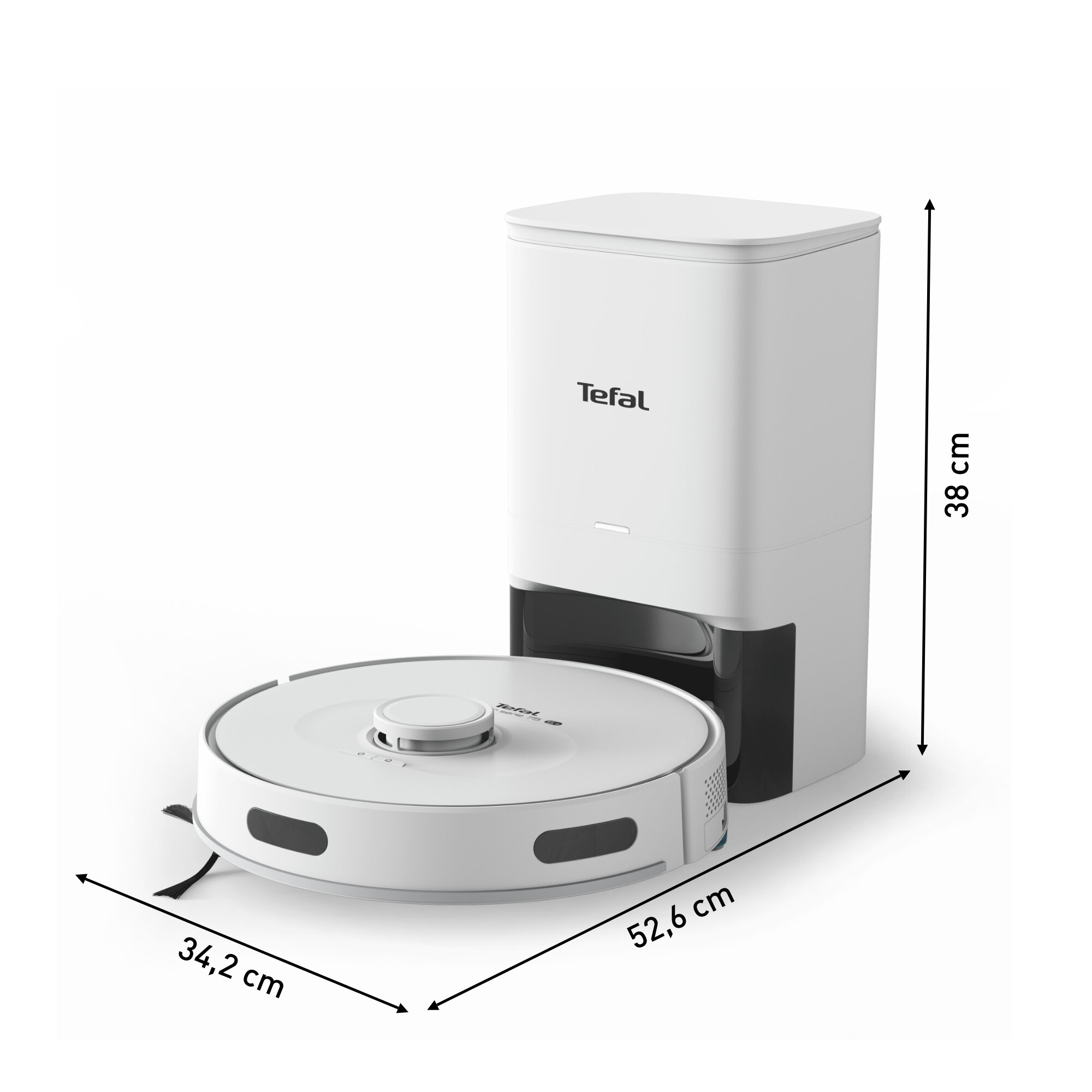 Biały odkurzacz robot i jego stacja ładująca z wymiarami.