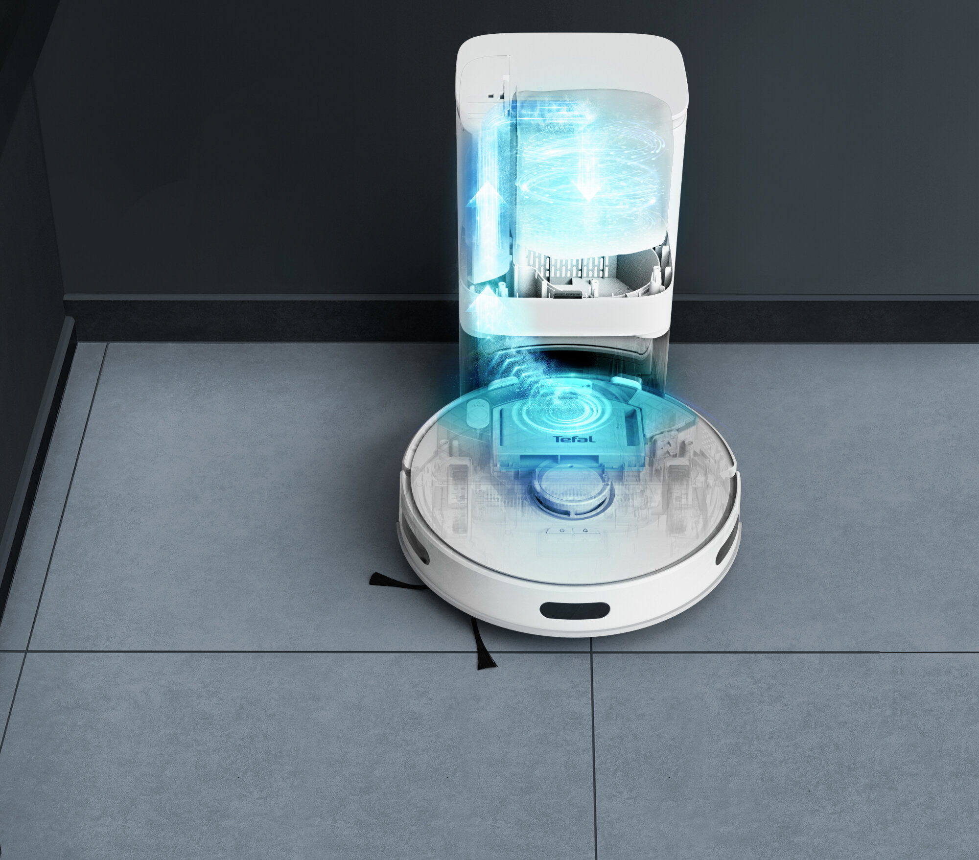 Robot sprzątający i jego stacja ładująca z efektami wizualnymi. Szary i biały.