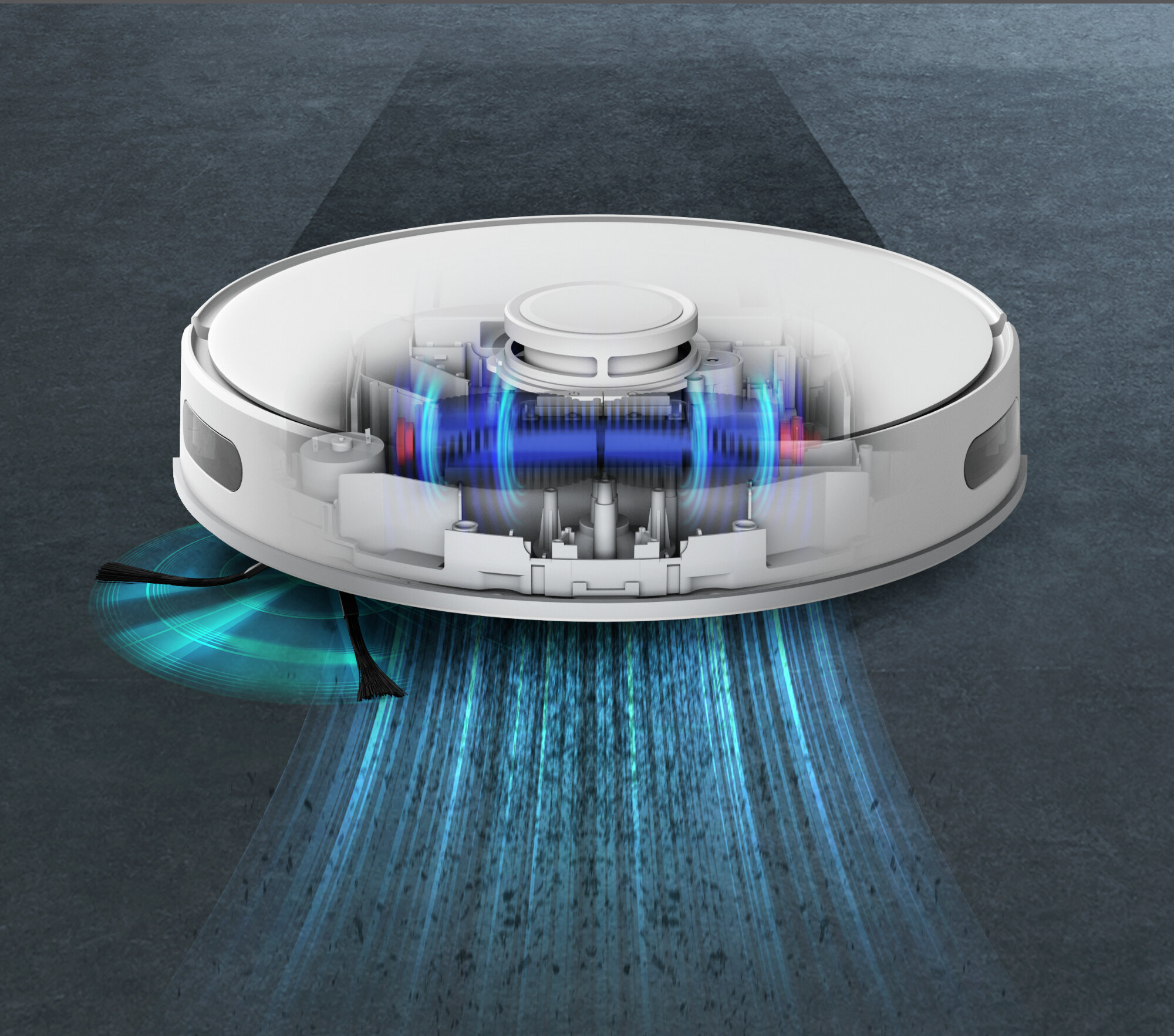 Schemat przekroju białego robota odkurzającego, pokazujący elementy wewnętrzne i funkcje czyszczenia.