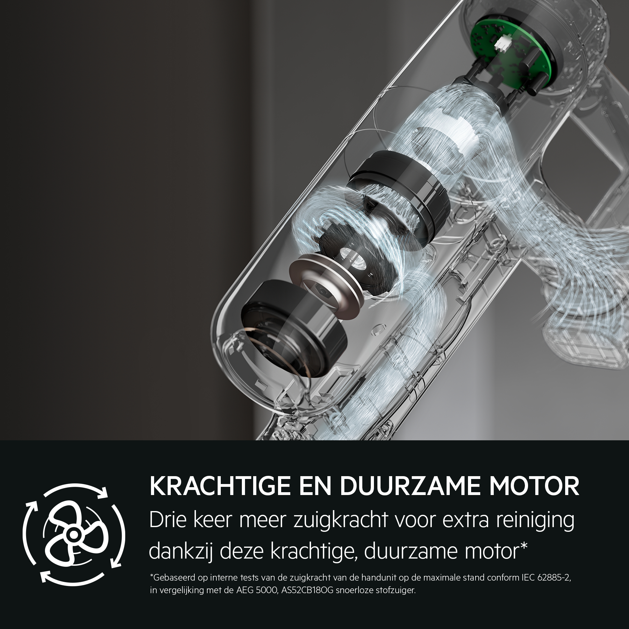 Vacuum cleaner with a transparent part showing the motor. Dark background. White text.