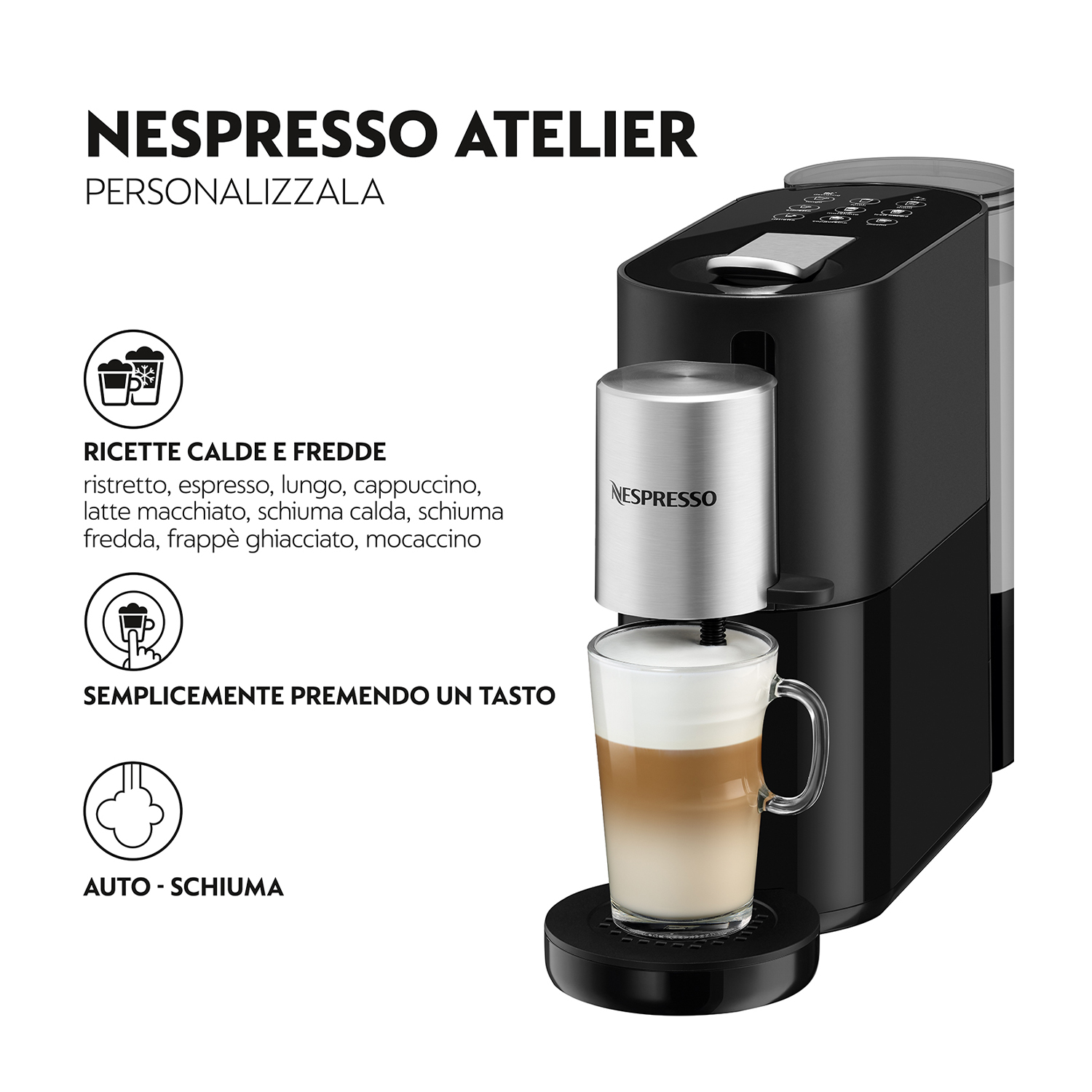 Macchina da caffè Nespresso Atelier che prepara un latte. Mostra la macchina e un bicchiere di caffè.