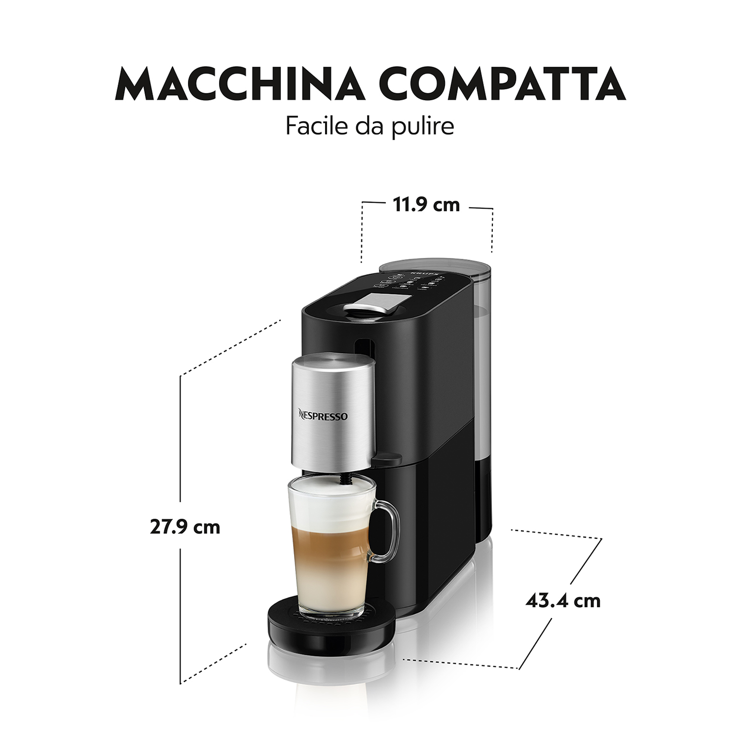 Macchina da caffè Nespresso nera con bicchiere di latte.