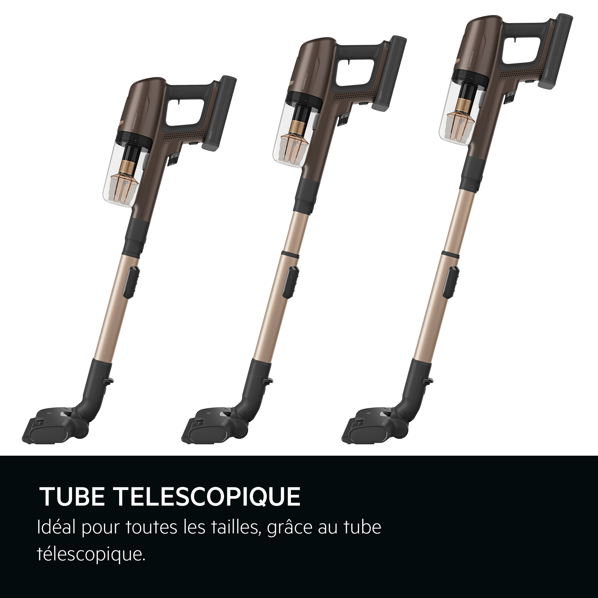 Trois aspirateurs sans fil avec tube télescopique.
