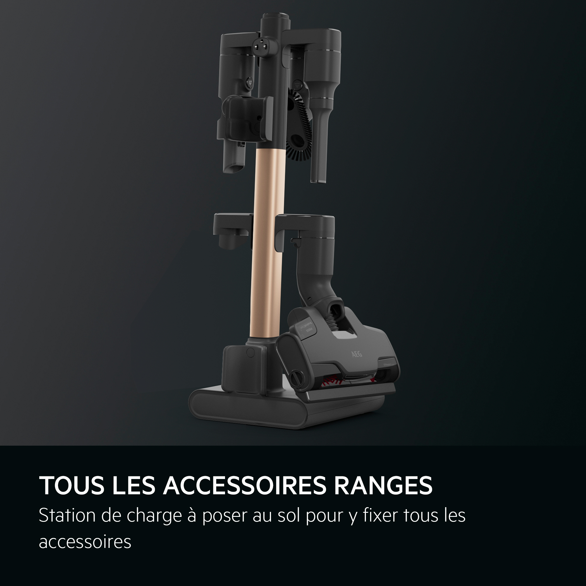 Un support d'accessoires d'aspirateur avec accessoires, fond sombre et texte.