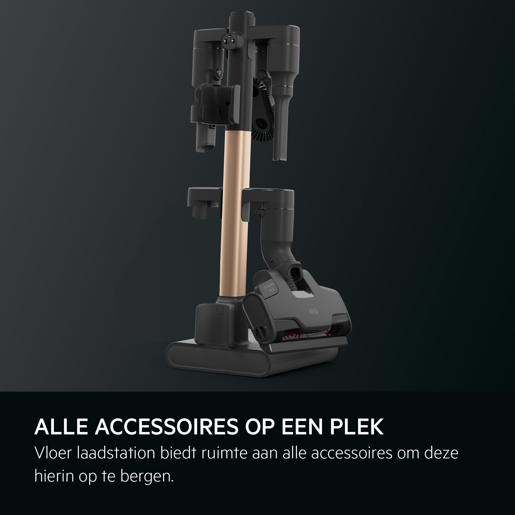 Vacuum cleaner and accessories neatly arranged on a charging station.
