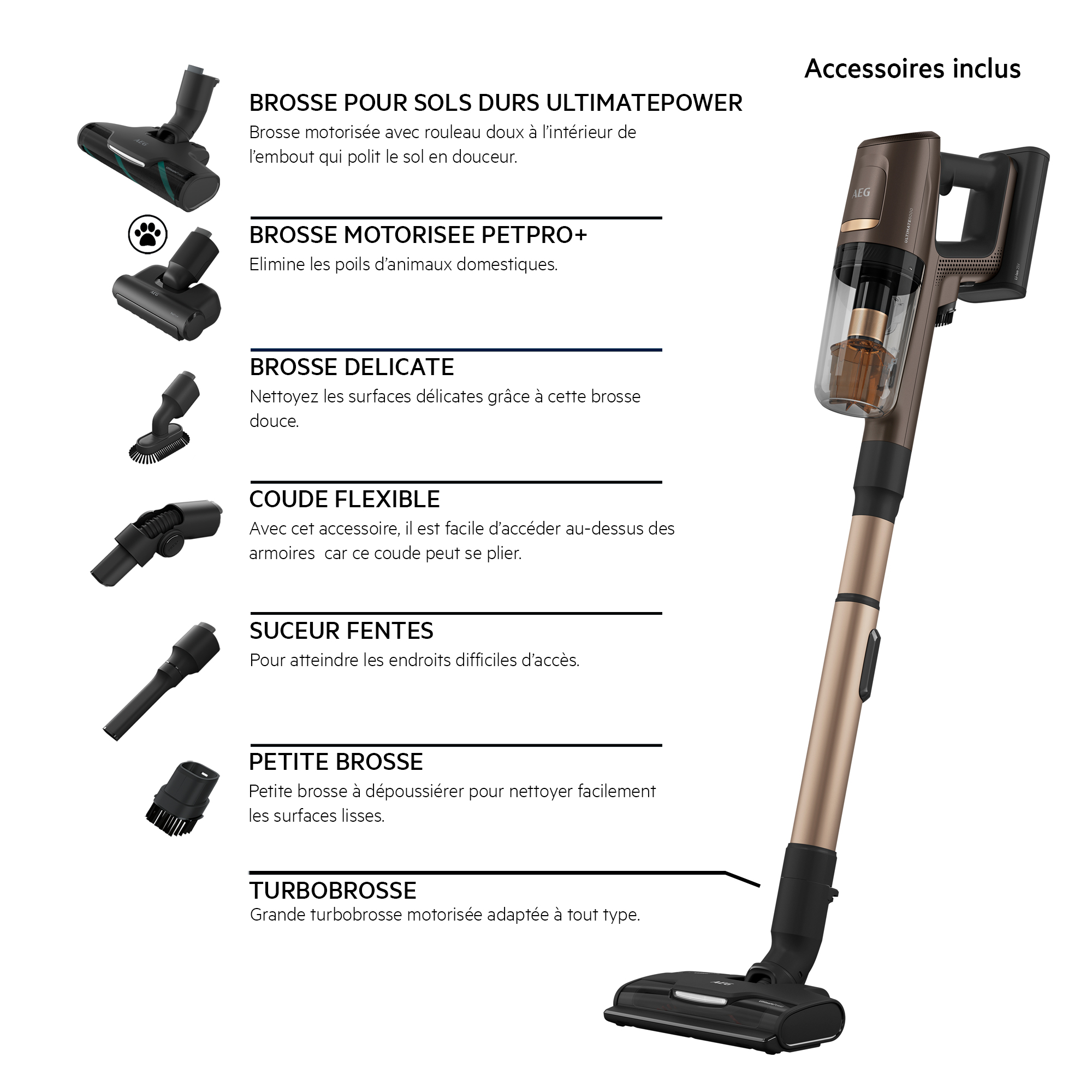 Aspirateur avec accessoires. Comprend des brosses et une buse flexible. Fond blanc.