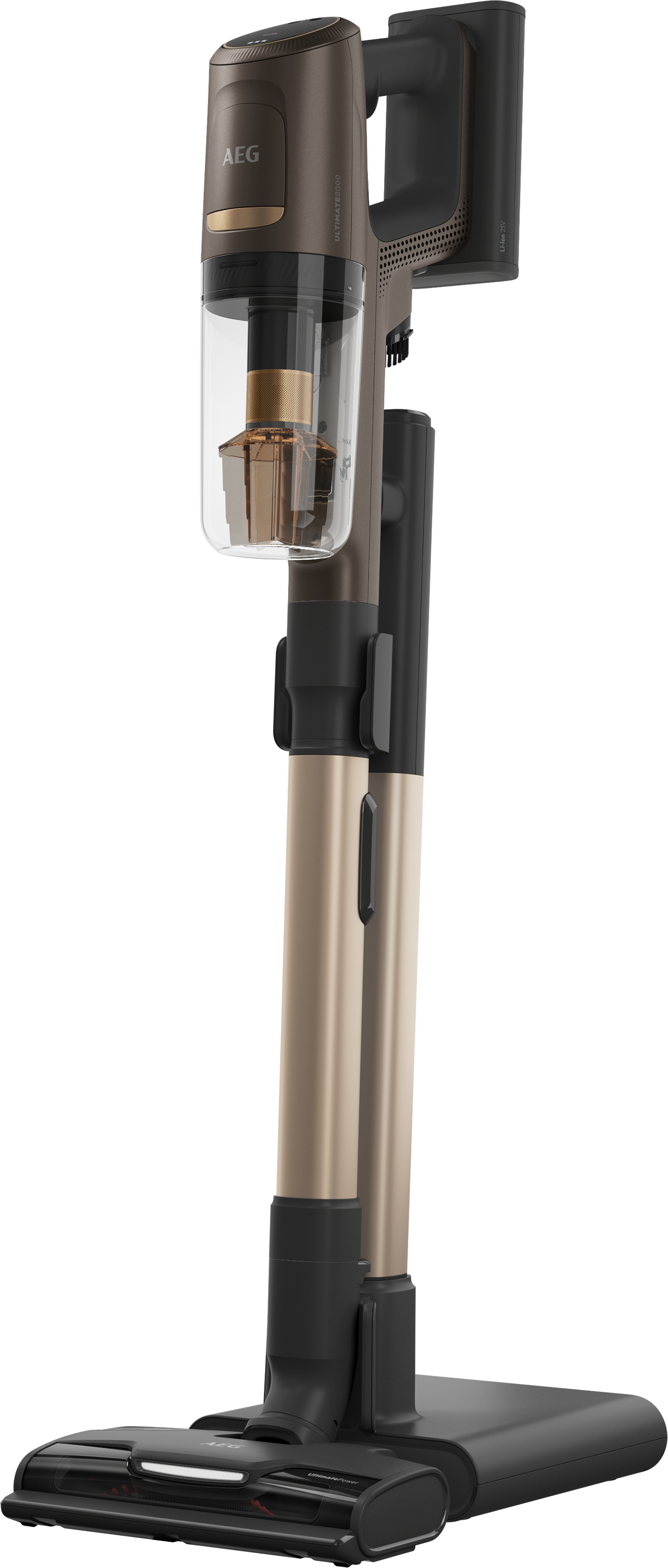 Un aspirateur sans fil AEG marron et noir. Il est droit, avec un bac à poussière transparent.