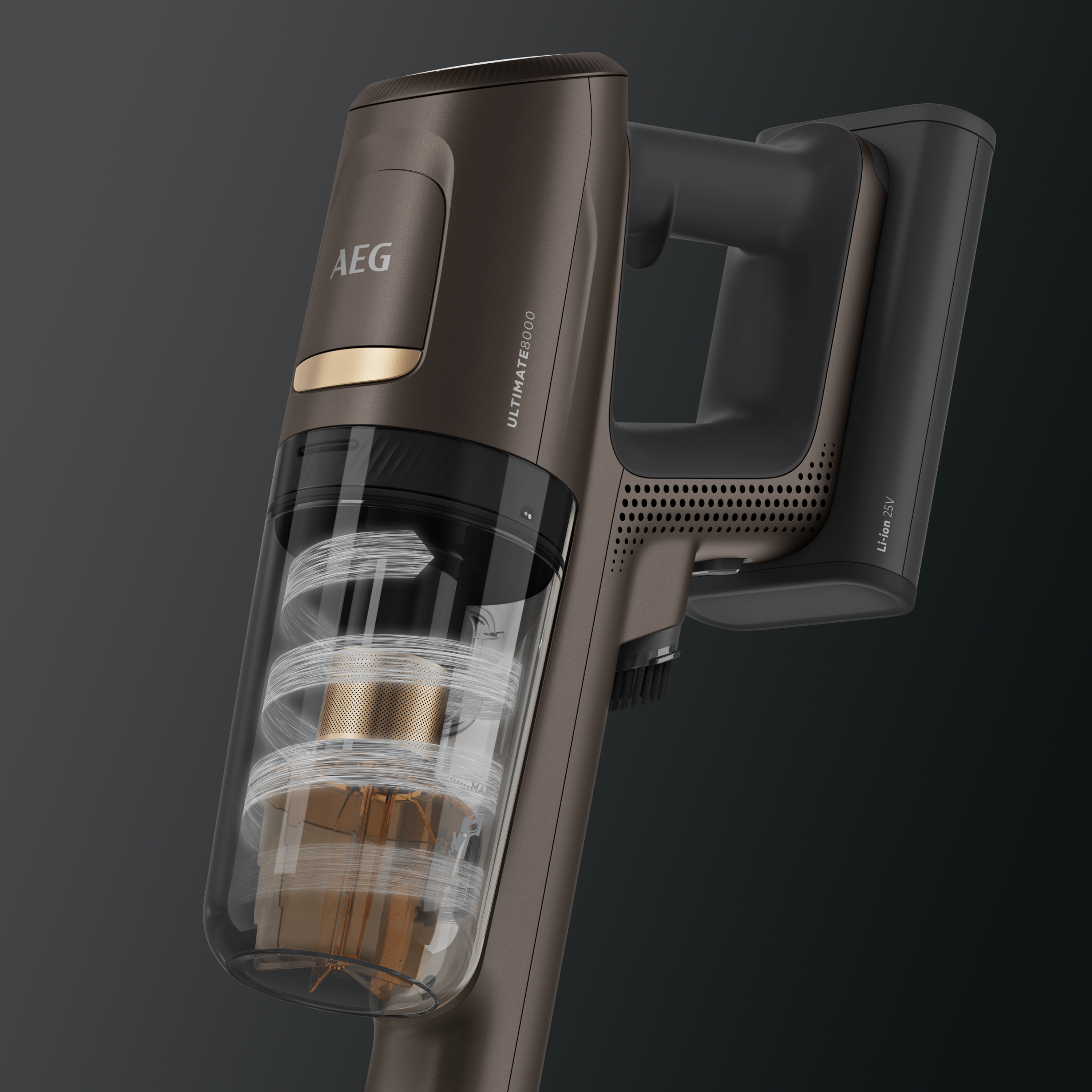 Aspirateur marron et noir avec des pièces transparentes.