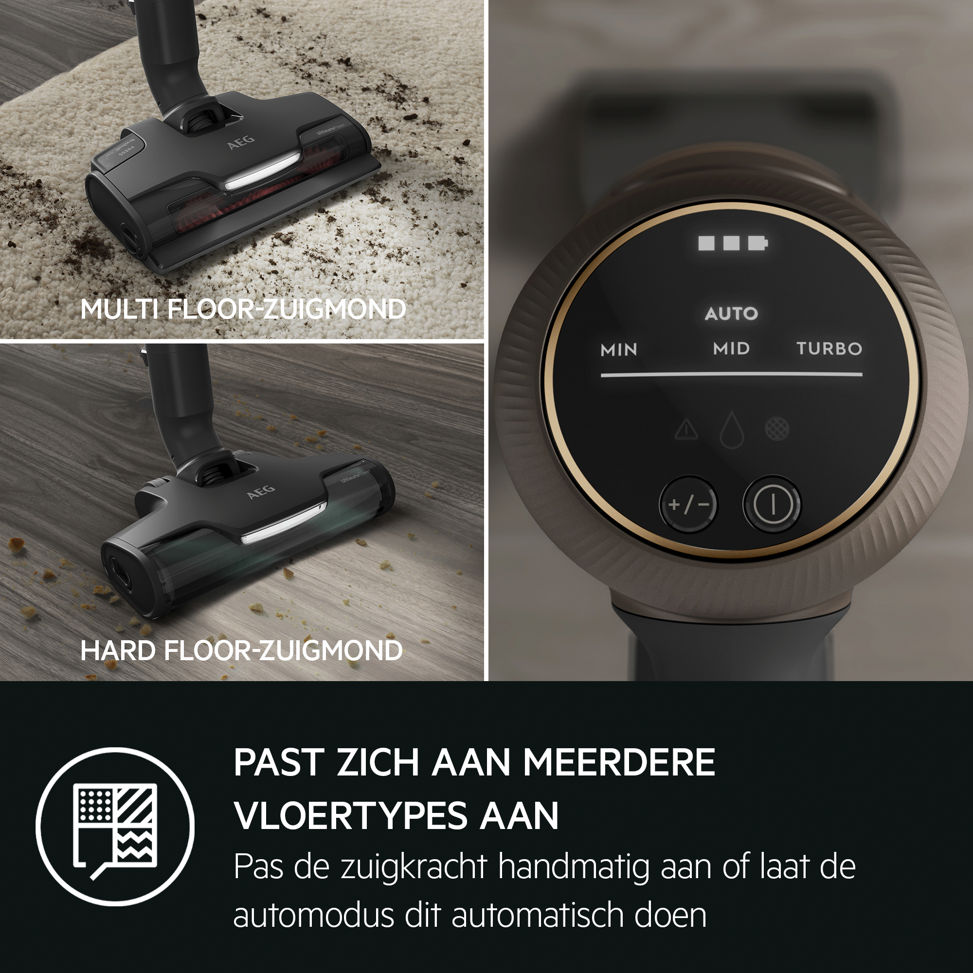 A collage showing different views of a black vacuum cleaner and its control panel with text in Dutch.