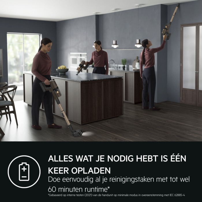 Three women vacuum a room. Text: All you need is one charge.