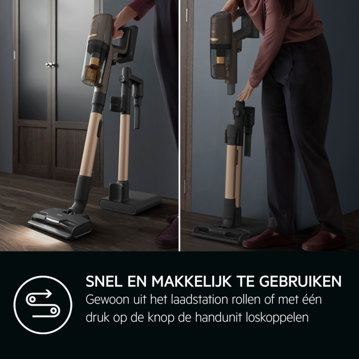 A woman using a vacuum cleaner, demonstrating its features.