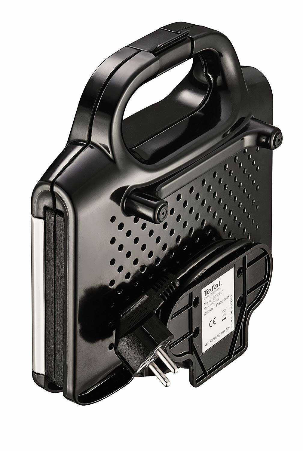 Czarny toster Tefal z uchwytem i przewodem zasilającym na białym tle.