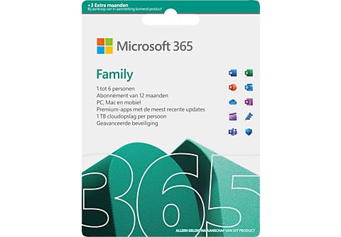 Microsoft 365 Famille EN 12 mois (+3 mois extra si acheté ensemble avec un laptop*) + McAfee LiveSafe Attach pour tous les appareils FR/NL