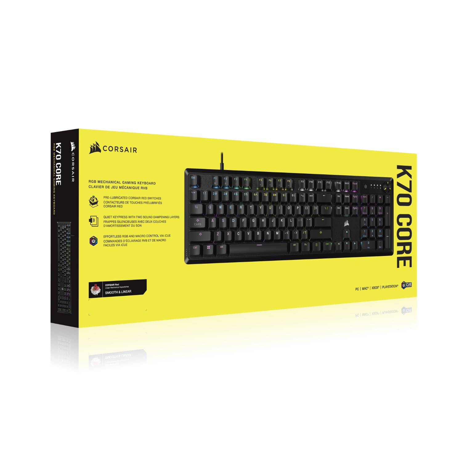 Zwart en geel gaming toetsenbord in een doos. Merk Corsair.