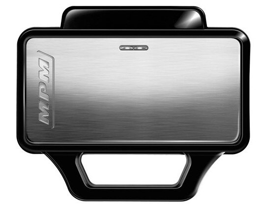 Czarno-srebrne prostokątne urządzenie z napisem "MPM" i dwoma światłami, w czarnej ramce.