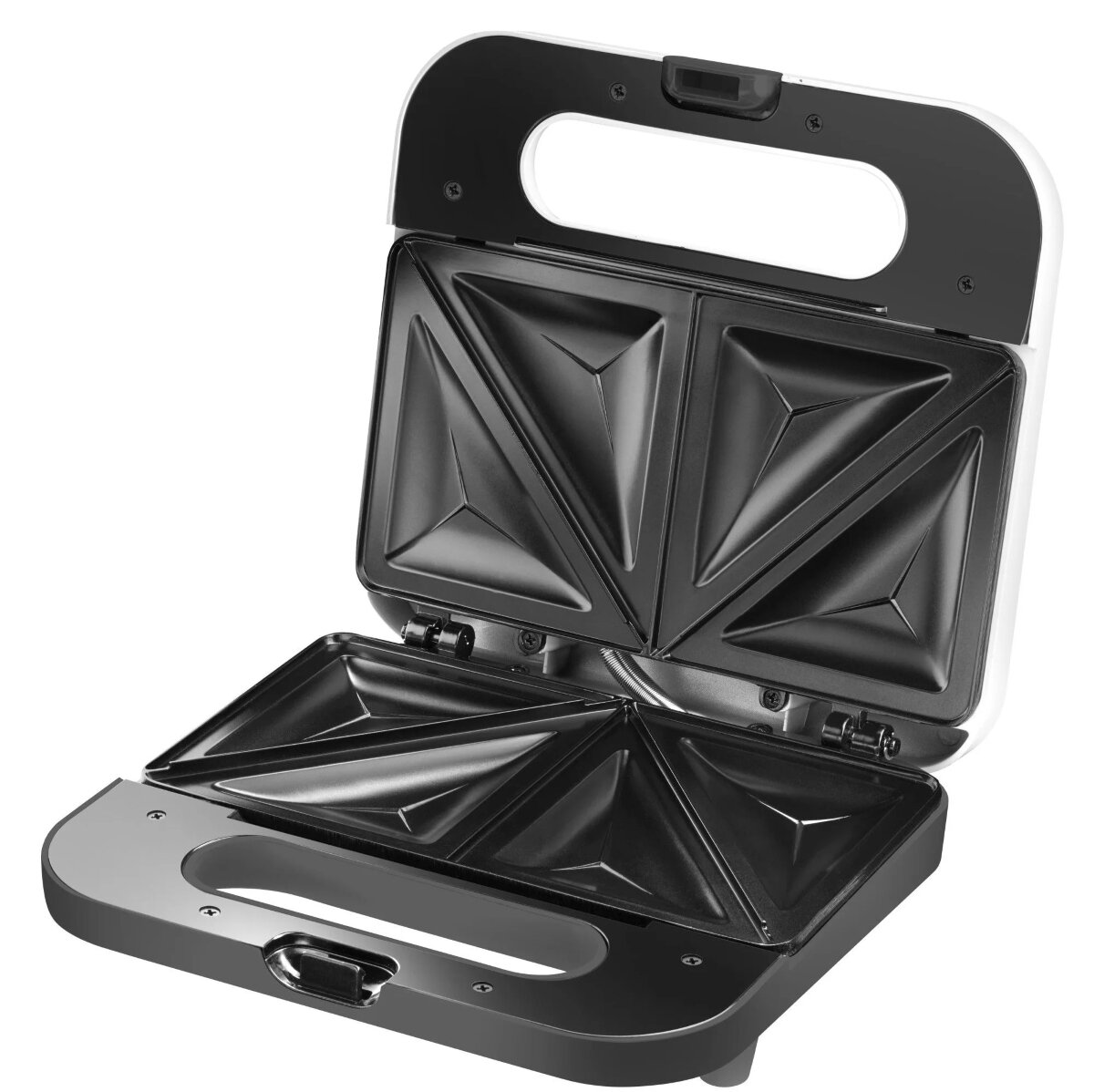 Otwarta opiekacz do kanapek, pokazujący wnętrze z trójkątnymi formami, czarno-biały, białe tło.