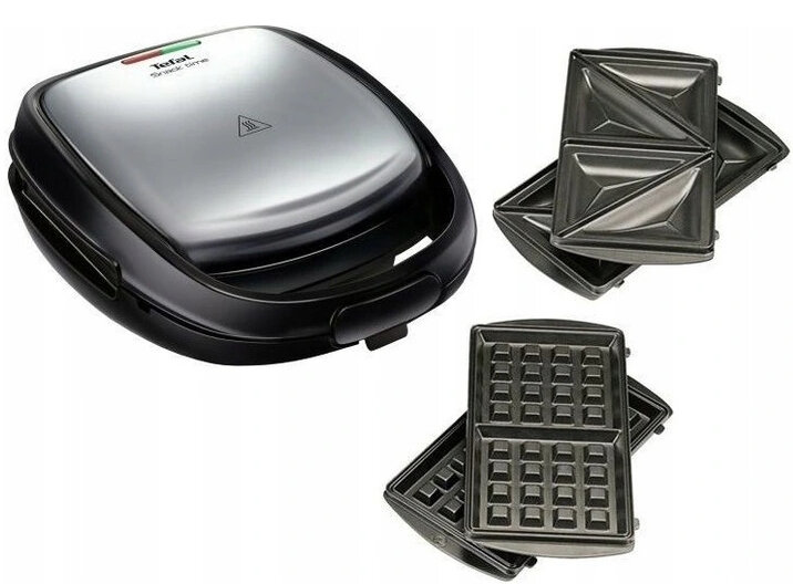 Gofrownica Tefal i wyjmowane płyty. Gofrownica jest czarna i srebrna.