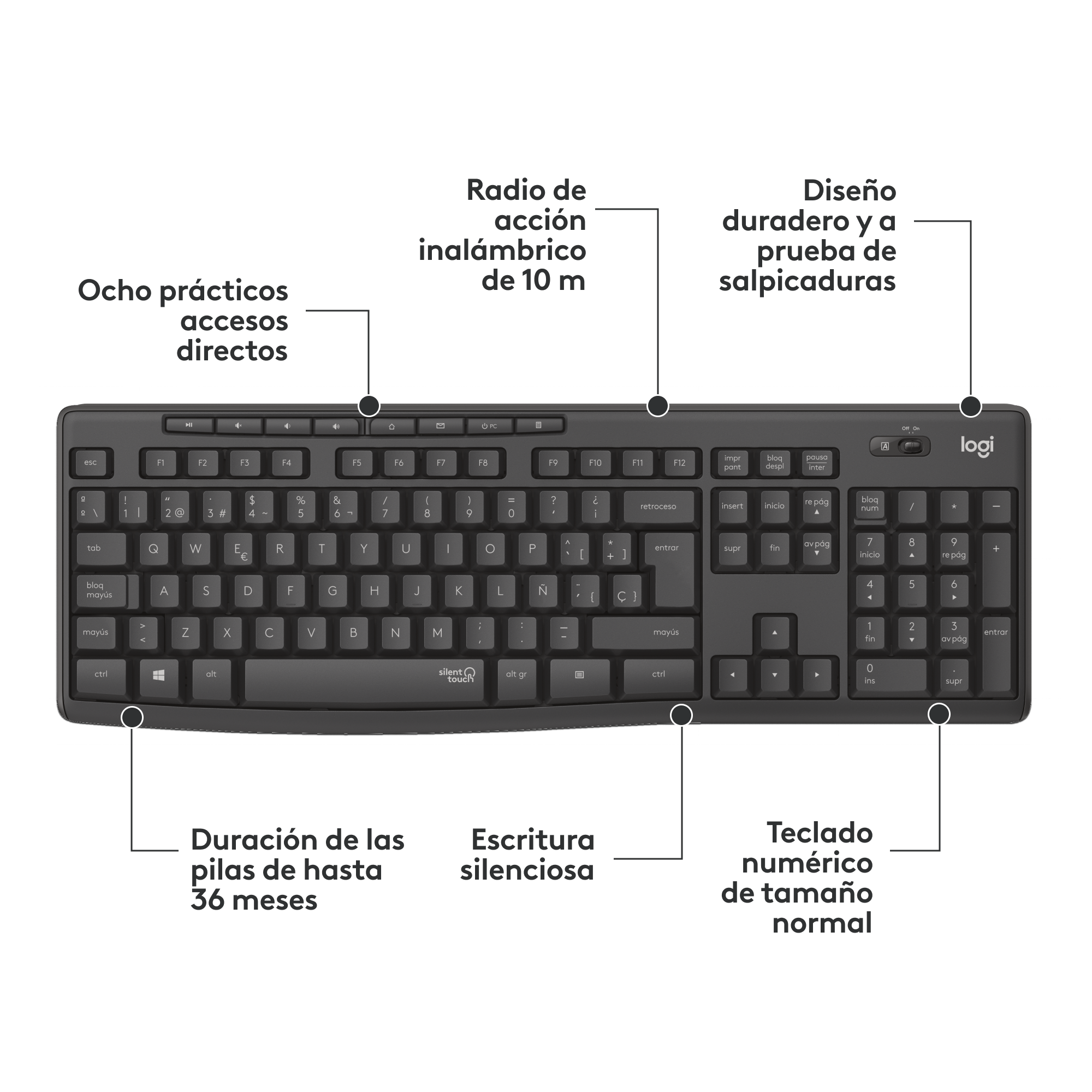 Teclado negro con marcas blancas en las teclas. Teclas de acceso directo, teclado numérico y batería.