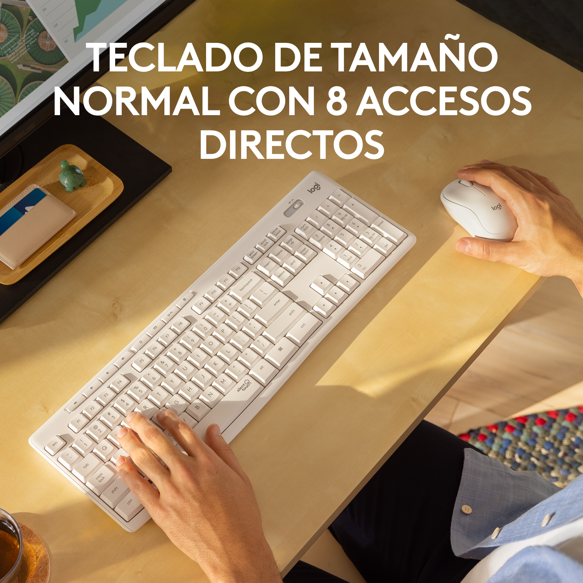 Un teclado y un ratón blancos en un escritorio con texto en español.