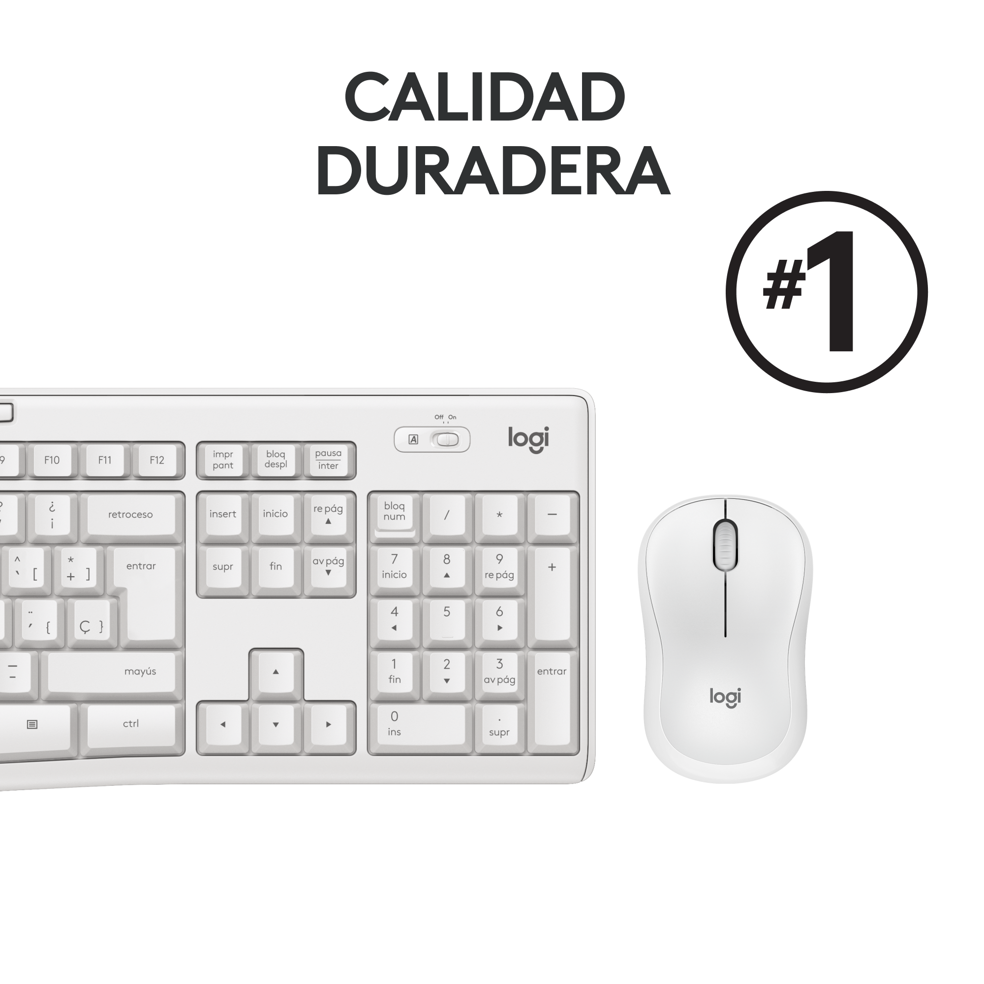 Un conjunto de teclado y mouse blanco. El texto "CALIDAD DURADERA" y el número "#1" son visibles.
