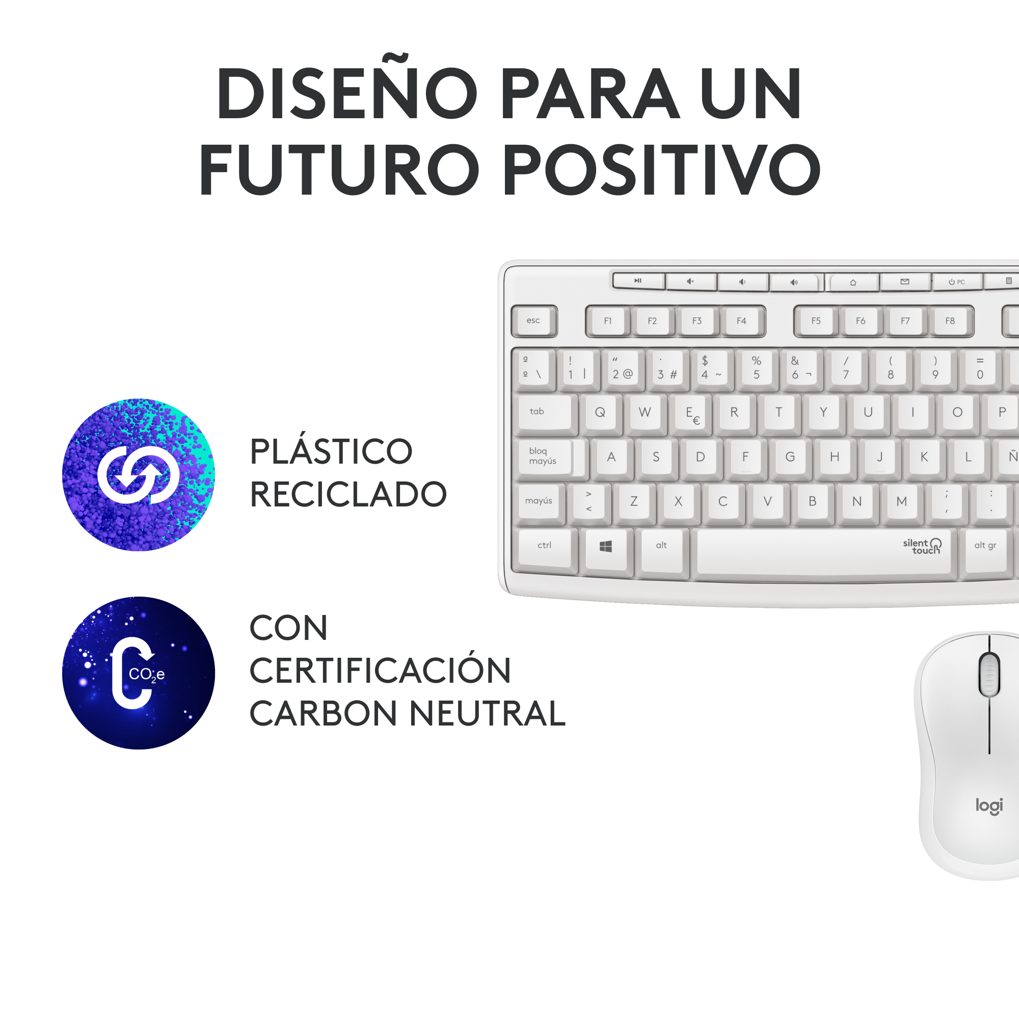 Un conjunto de teclado y ratón blancos con texto sobre plástico reciclado y carbono neutral.