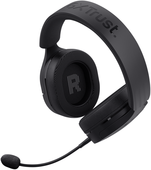 Fekete gamer headset mikrofonnal. A GX Trust márkanév a fejpánton.