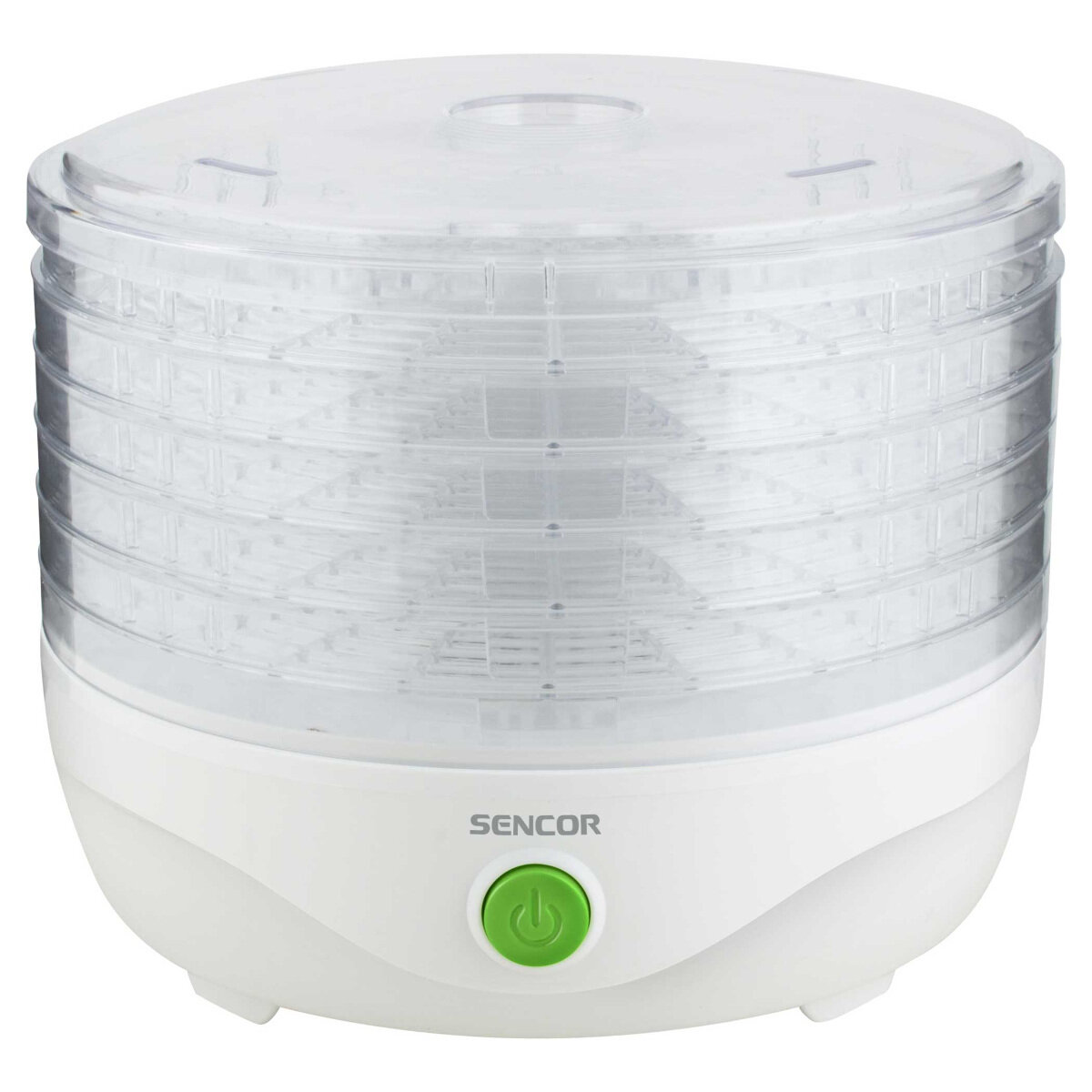 Biała suszarka do żywności z przezroczystymi plastikowymi tacami i zielonym przyciskiem zasilania. Widoczna nazwa marki 'SENCOR'.