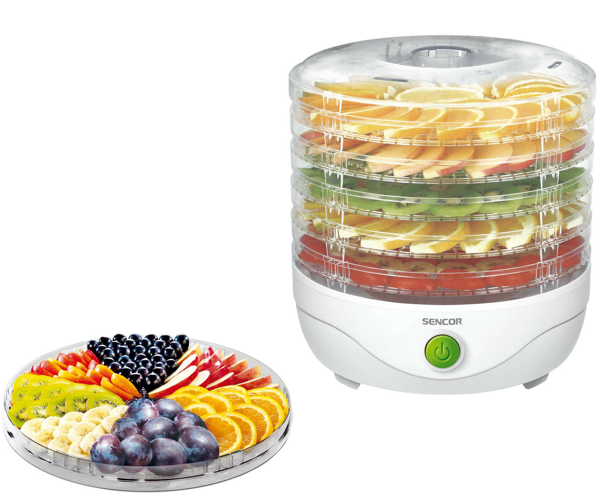 Suszarka do żywności z pokrojonymi owocami. Zawiera pomarańcze, jabłka, kiwi i śliwki na tacy.