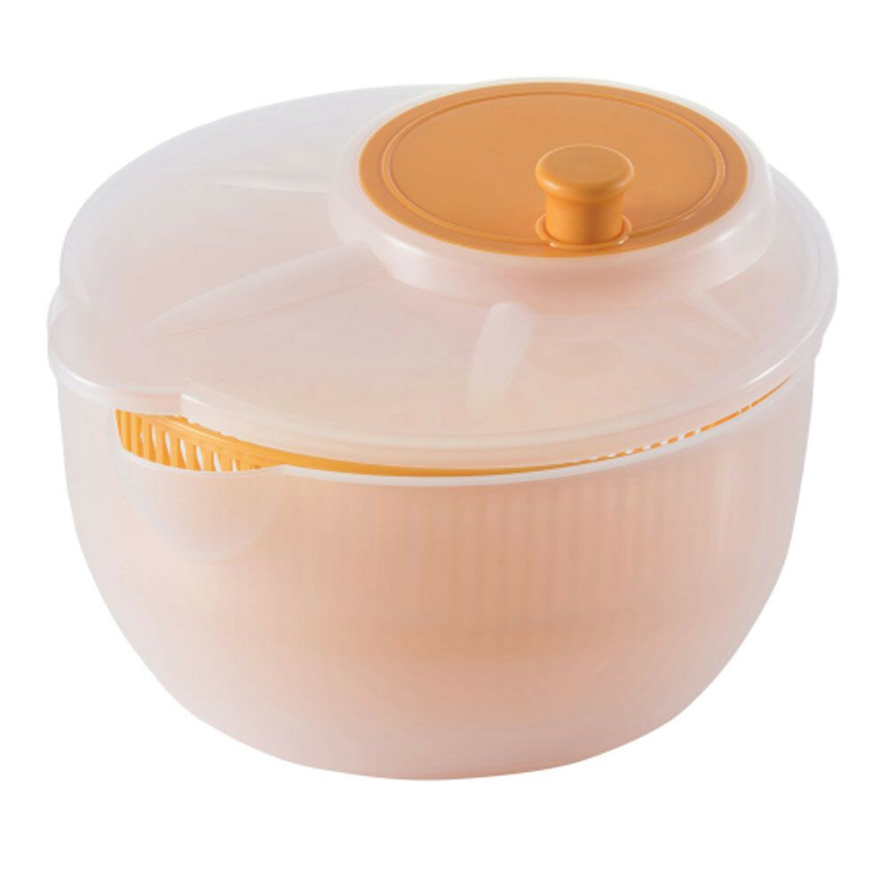 Wirówka do sałaty z białą pokrywką i pomarańczowymi akcentami na białym tle.