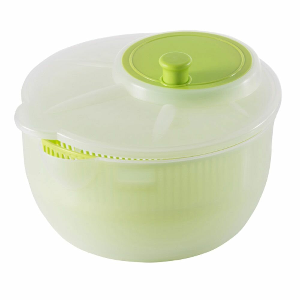 Jasnozielona wirówka do sałaty z białą pokrywą, zielonym pokrętłem i białym tłem.