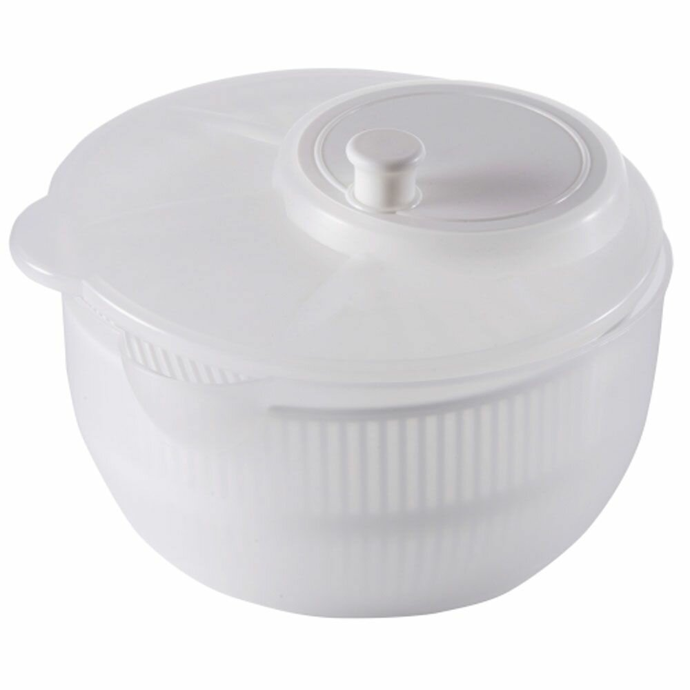 Biała i przezroczysta wirówka do sałaty z białą pokrywą.