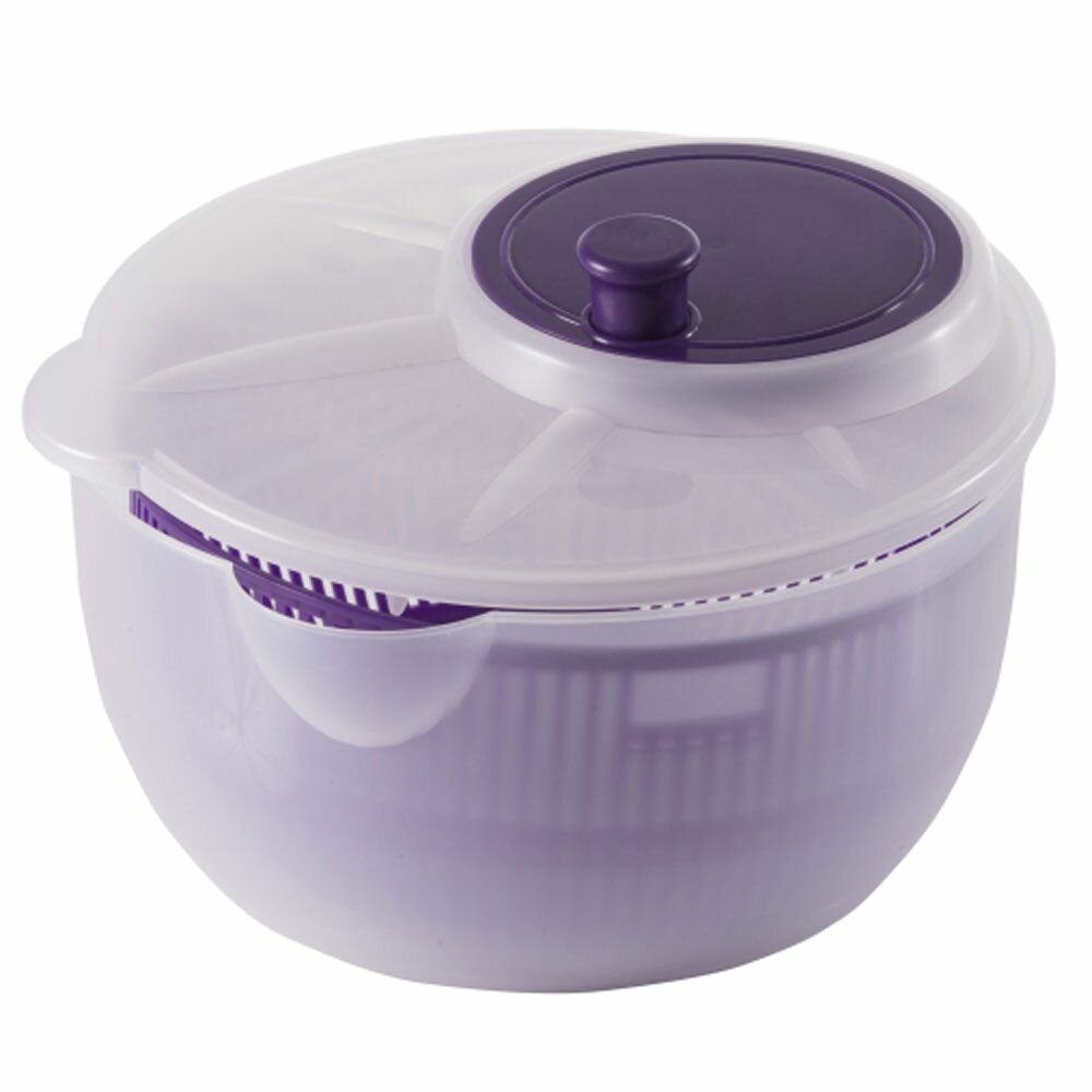 Fioletowa i biała wirówka do sałaty na białym tle.