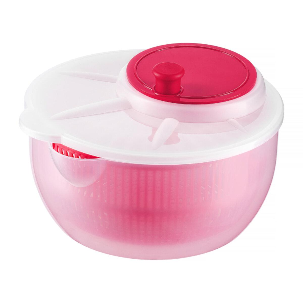 Różowa i biała wirówka do sałaty z czerwonym uchwytem na białym tle.
