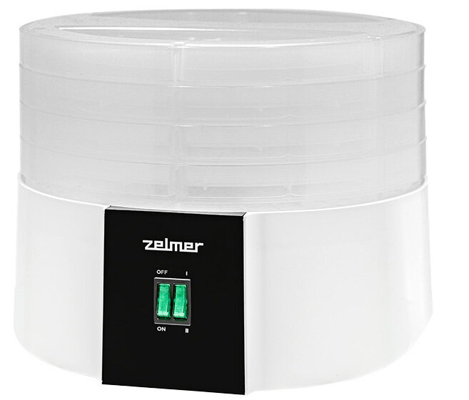 Biała suszarka do żywności z przezroczystymi tacami i czarnym panelem sterowania.