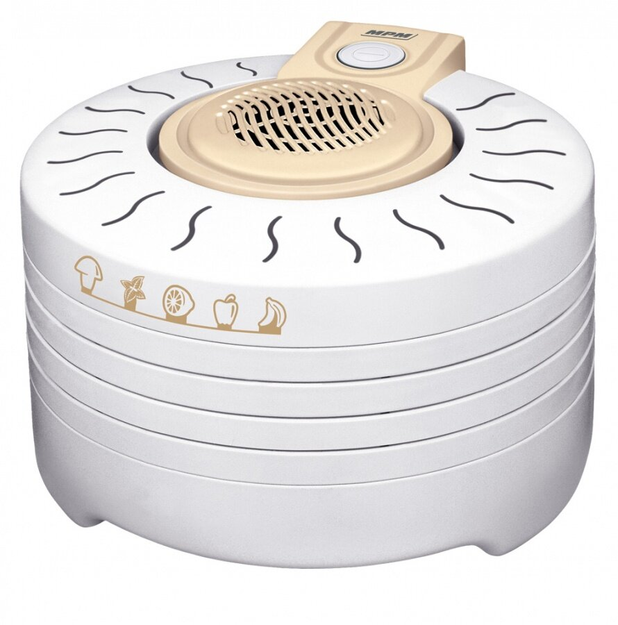 Biała suszarka do żywności. Ma cztery warstwy i górę z beżowym środkiem.