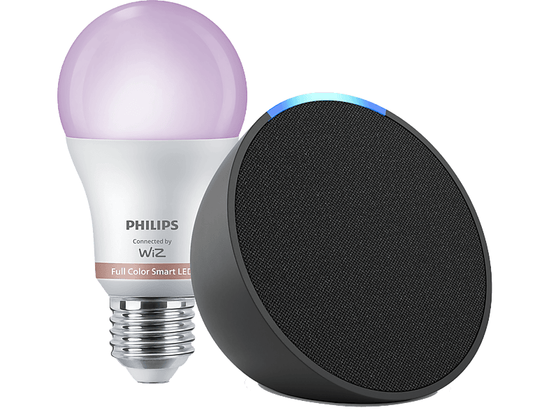 Pack de Echo Pop Altavoz inteligente con Alexa, Antracita + Bombilla Philips Smart LED, 8,5 W (Eq. 60 W) A60 E27, Luz Blanca y Colores