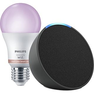 Pack de Echo Pop Altavoz inteligente con Alexa, Antracita + Bombilla inteligente Philips Smart LED, 8,5 W (Eq. 60 W) A60 E27, Luz Blanca y Colores