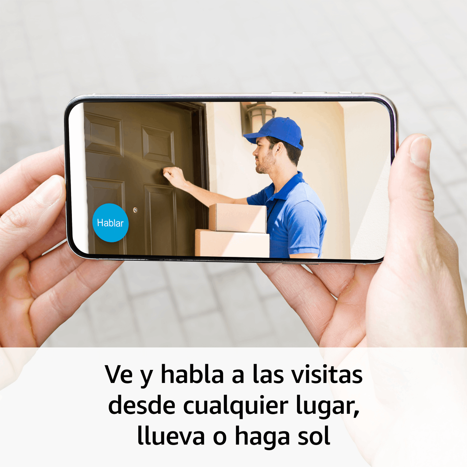 Una pantalla de smartphone muestra un video en vivo de un repartidor en una puerta, con un botón 'Hablar'.