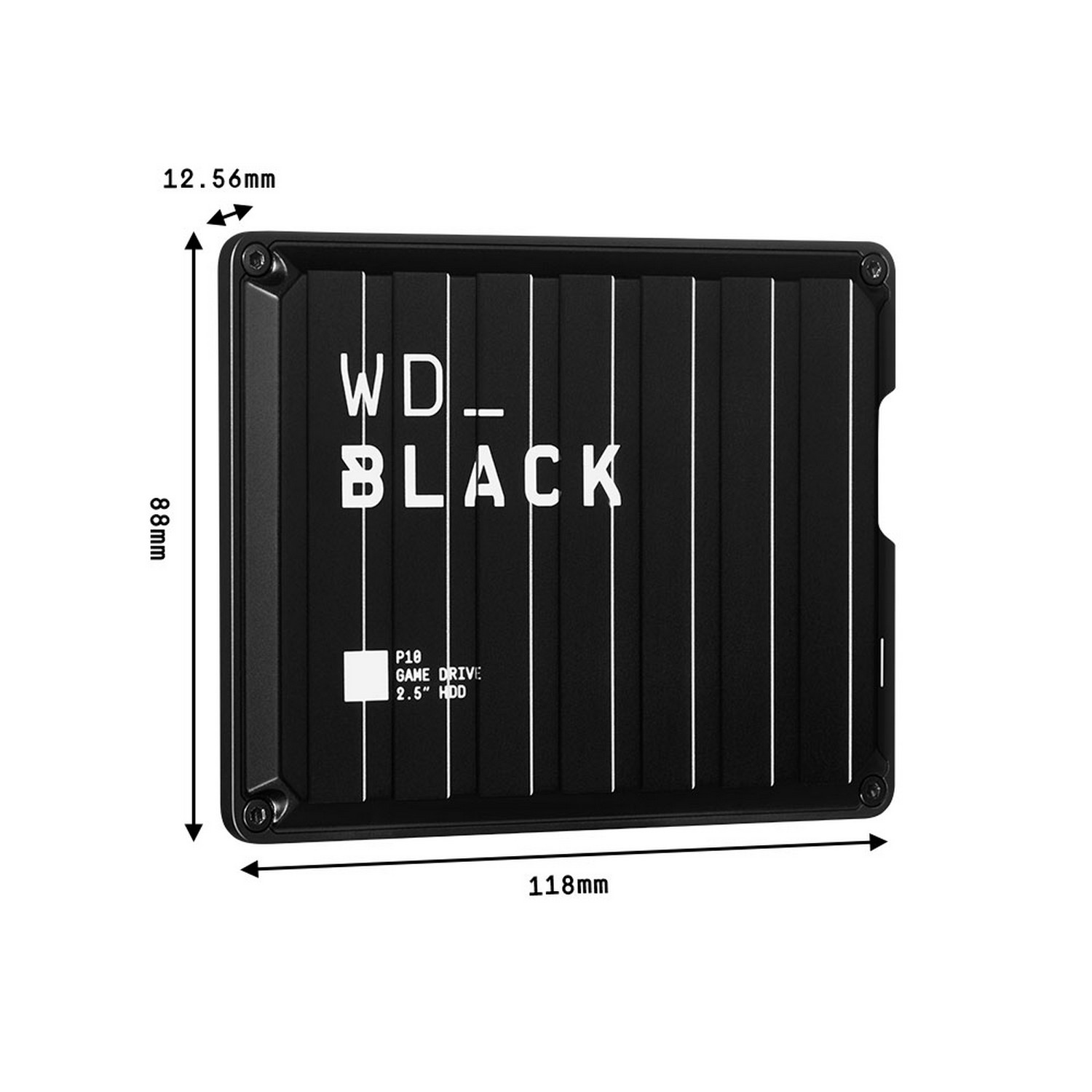 Un disco duro externo WD_BLACK negro. Tiene dimensiones y el logotipo de WD_BLACK sobre un fondo blanco.
