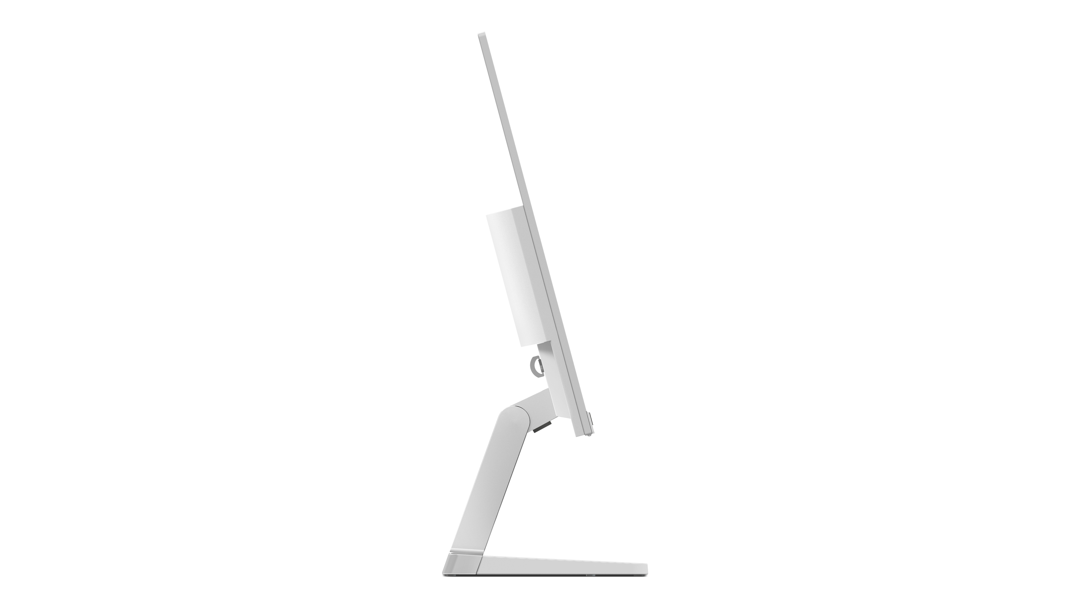 Ein weißer Computermonitor von der Seite, mit Ständer, vor weißem Hintergrund.