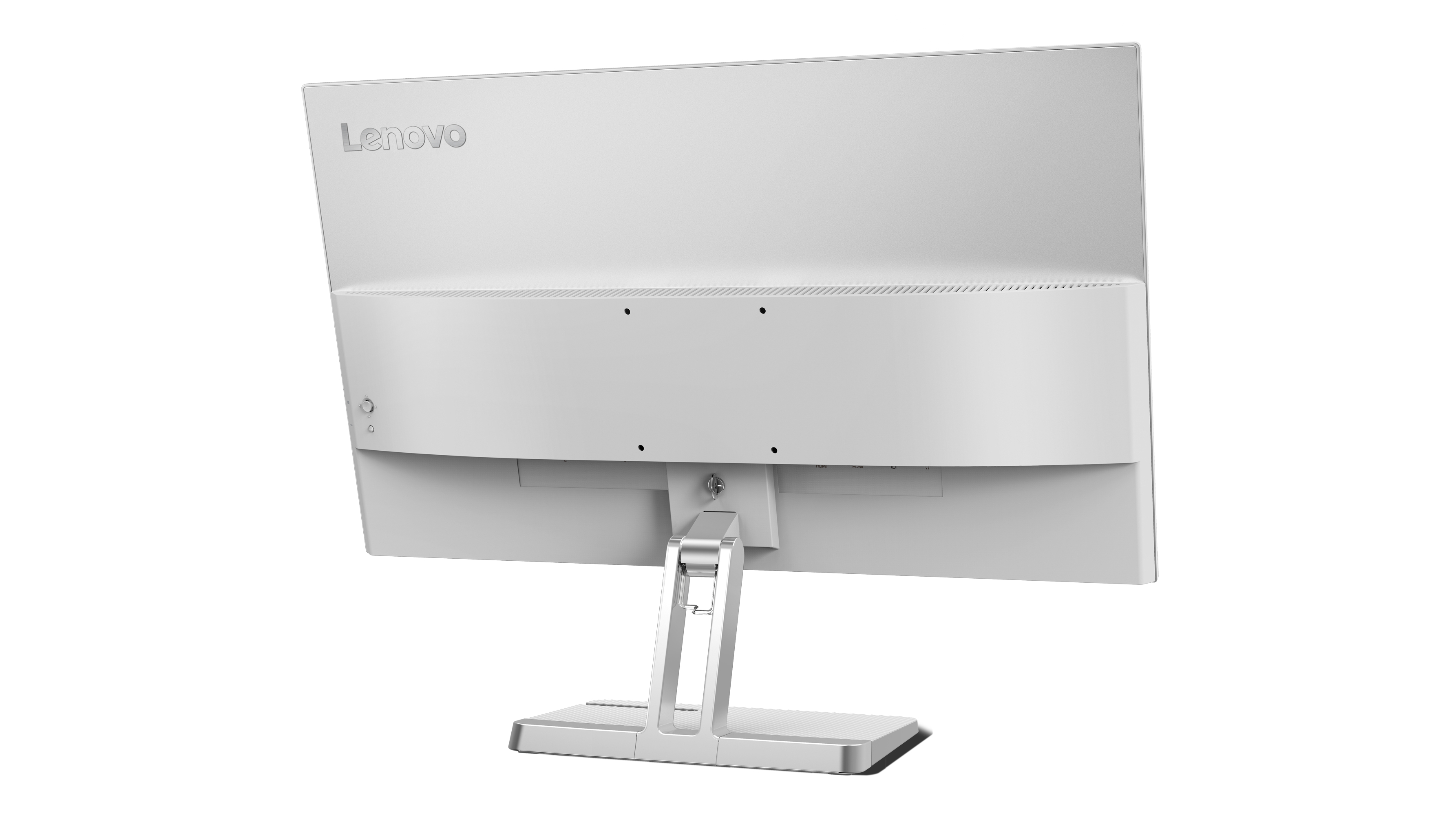 Rückansicht eines weißen Lenovo-Monitors, ähnlich dem vorherigen Bild, auf weißem Hintergrund.