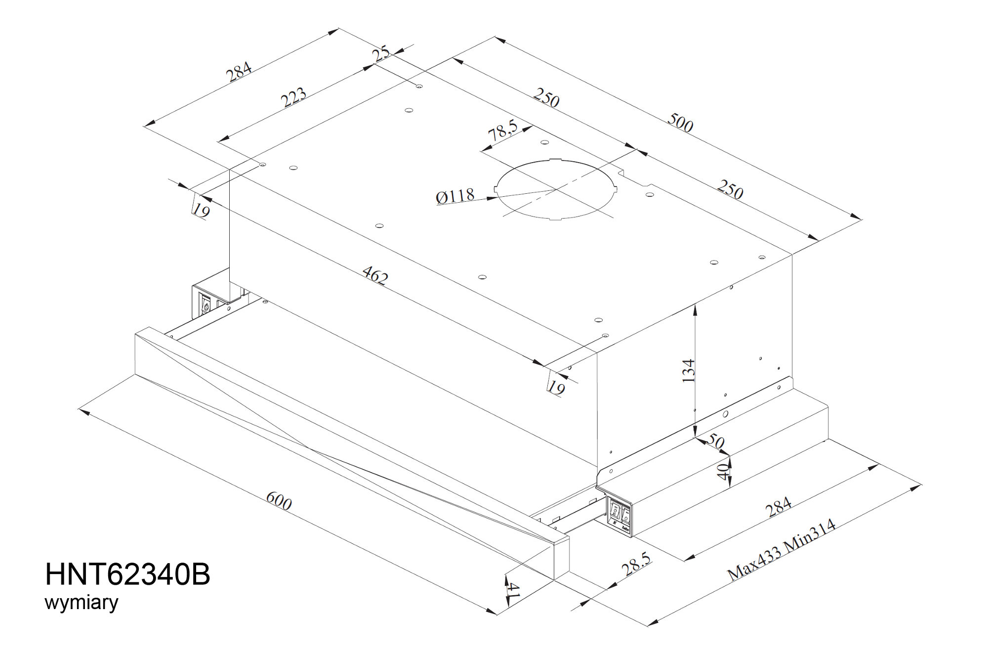 Rysunek techniczny okapu kuchennego z wymiarami i pomiarami.