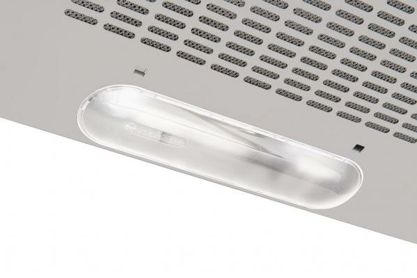 Spód okapu z oświetleniem. Okap jest szary, a światło przezroczyste.