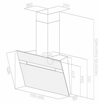 Ilustracja białego okapu z wymiarami.
